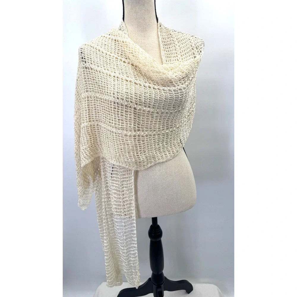Vintage Hand Knit Open Crochet Scarf Shawl Wrap Ivory Cottage 17x80
